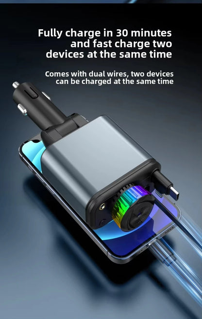 120W 5-in-1 Car Fast Charger Retractable Cable PD 30W Digital Voltmeter Star Light Car Charging Adapter For IOS Android