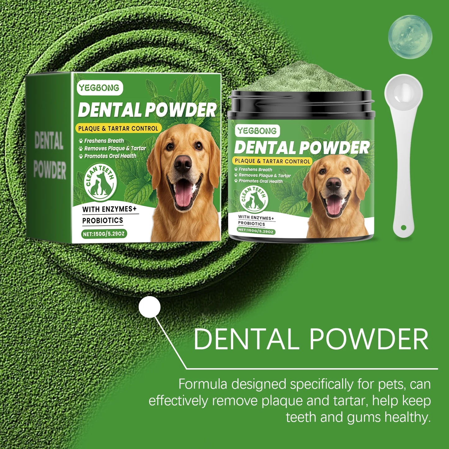 150g Mint Dog Dental Cleaning Powder Gentle Remove Teeth Stain Prevent Plaque Tartar Removal Refreshing Breath Dog Teeth Cleaner
