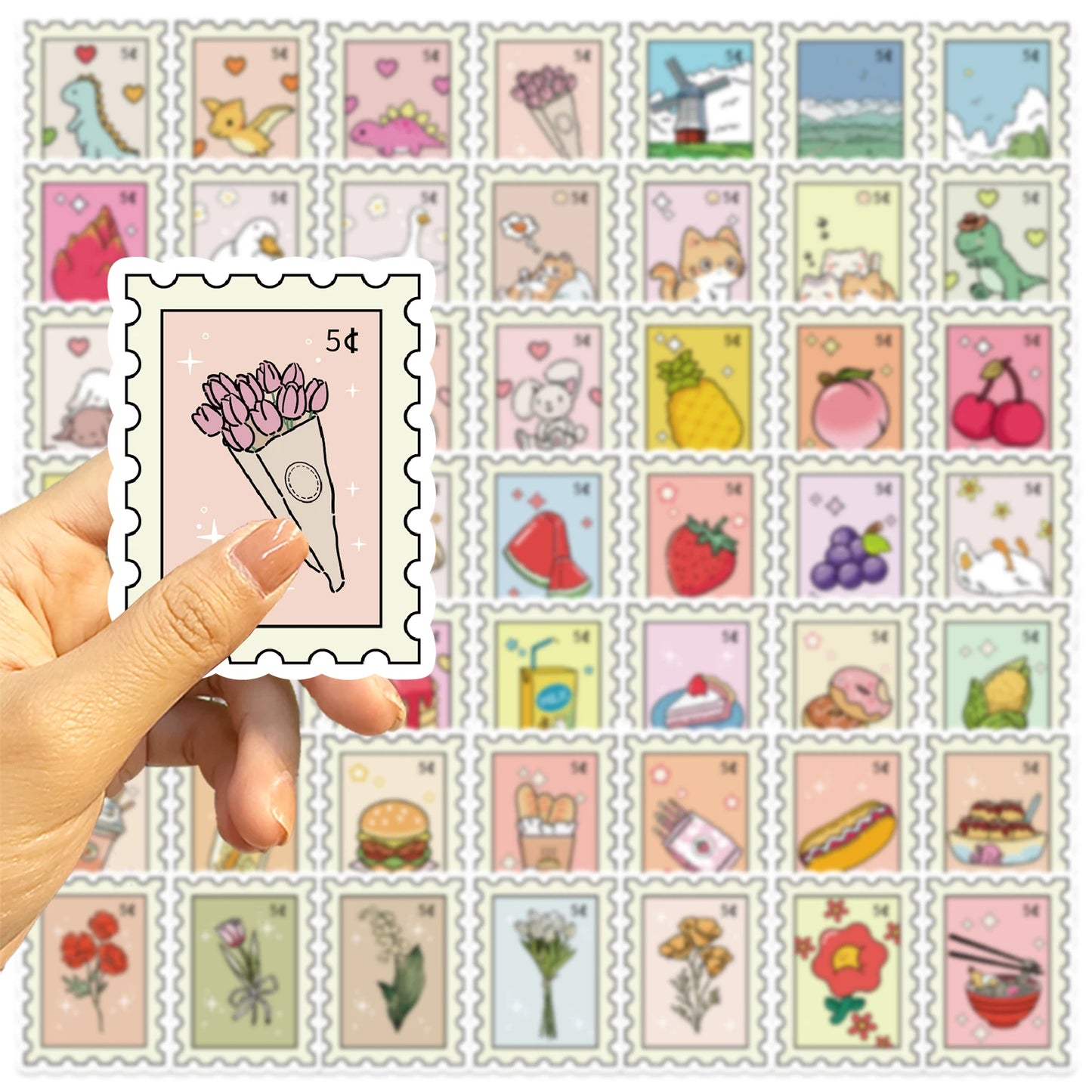 50pcs Small Fresh Stamp Art Stickers Aesthetic Phone Bike Wall Scrapbook Motorcycle Waterproof Cartoon Sticker For Toys Gifts