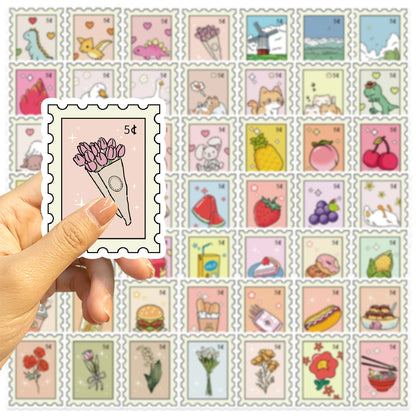 50pcs Small Fresh Stamp Art Stickers Aesthetic Phone Bike Wall Scrapbook Motorcycle Waterproof Cartoon Sticker For Toys Gifts