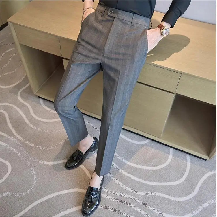 Men Plaid Wedding Dress Trousers High Quality Male Boutique Formal Wear Slim Suits Pants Men British Style Business Suit Pants