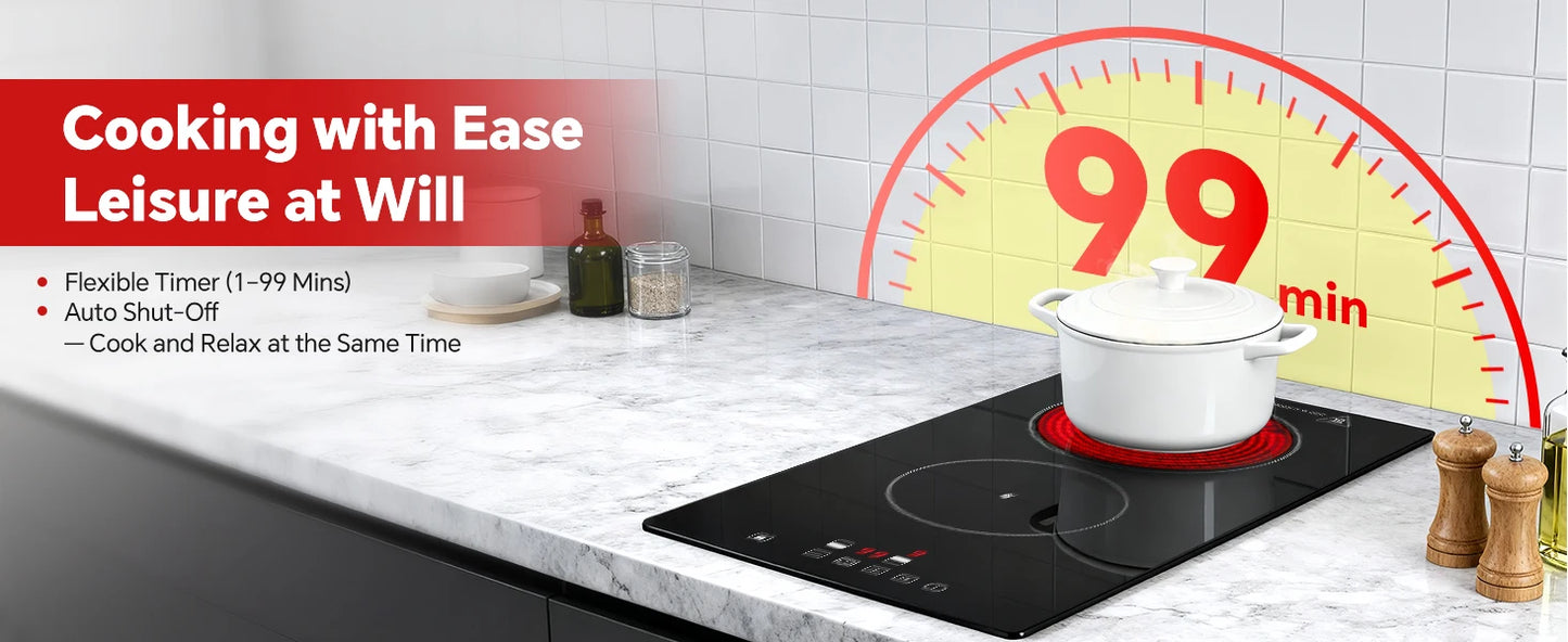 2-Zone Ceramic Hob, 3000W with Child Lock, 9 Heat Levels, 1-99min Timer, Black (CE Certified)