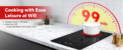 2-Zone Ceramic Hob, 3000W with Child Lock, 9 Heat Levels, 1-99min Timer, Black (CE Certified)