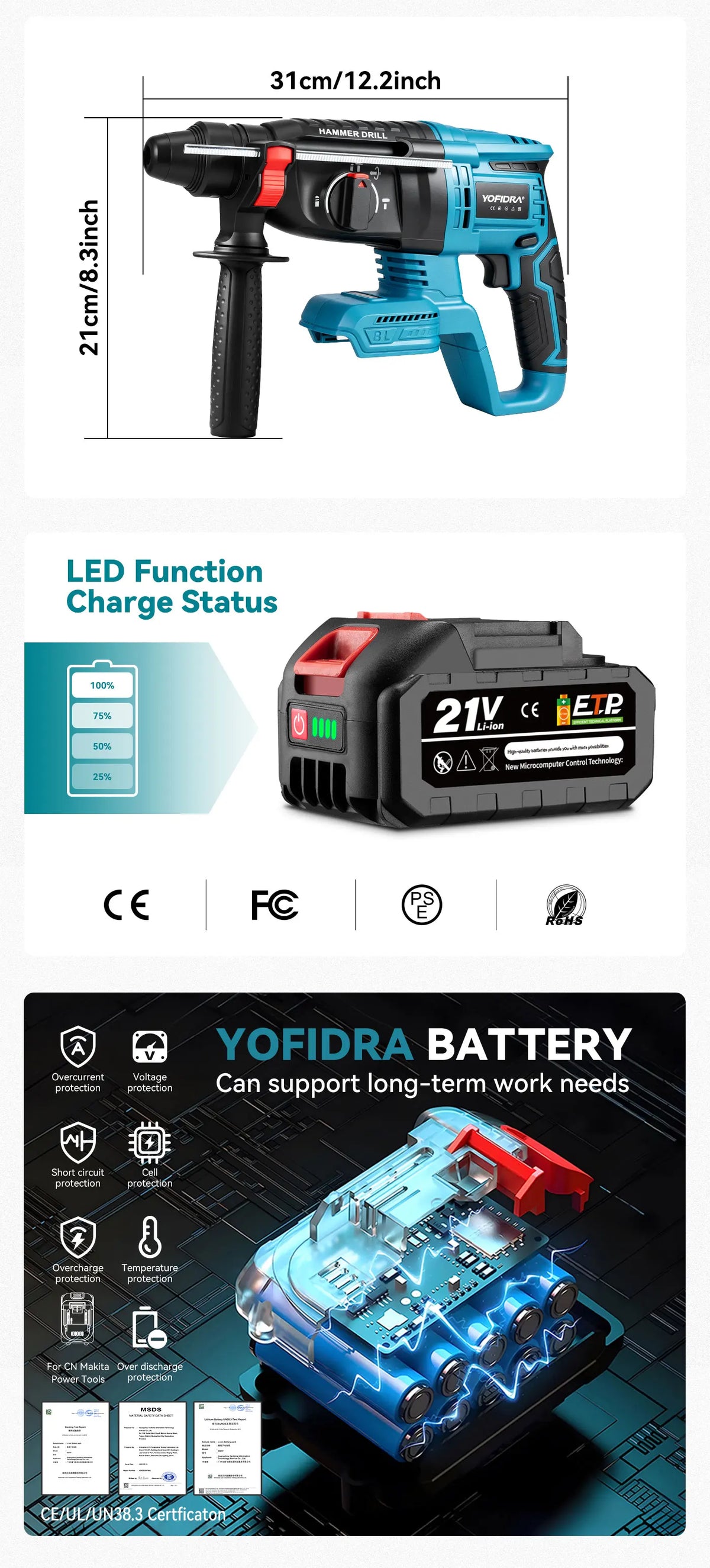 YOFIDRA 26mm Brushless Electric Rotary Hammer Cordless Multifunctional Impact Hammer Drill Power Tools For Makita 18-21V Battery Pin