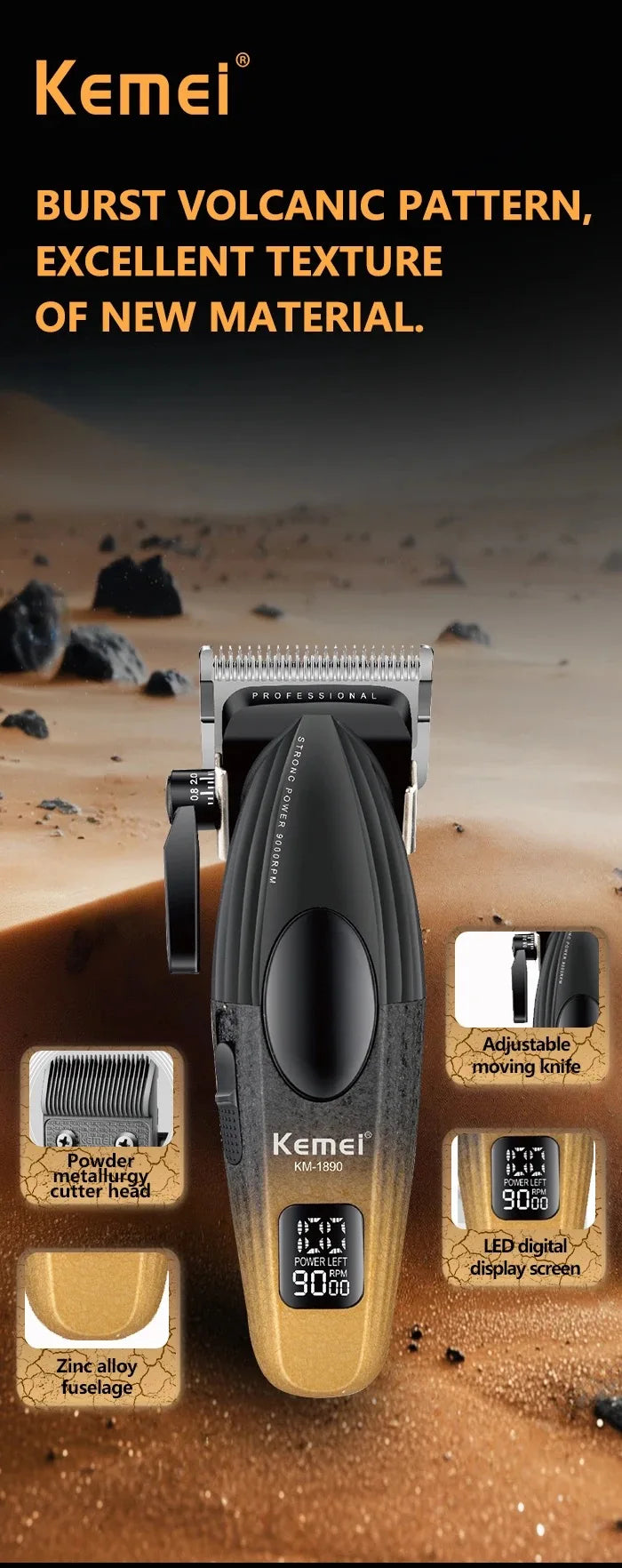 Kemei Professional Barber Hair Clippers Cordless Rechargeable Hair Trimmer Electric Men Hair Cutting Machine Metal Body 9000RPM