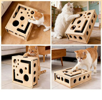 Cat Scratching Puzzle Toys, Wooden Set with 3 Bell Balls, for Indoor Cats To Scratch, Stimulate Intelligence, and Relieve Boredom.