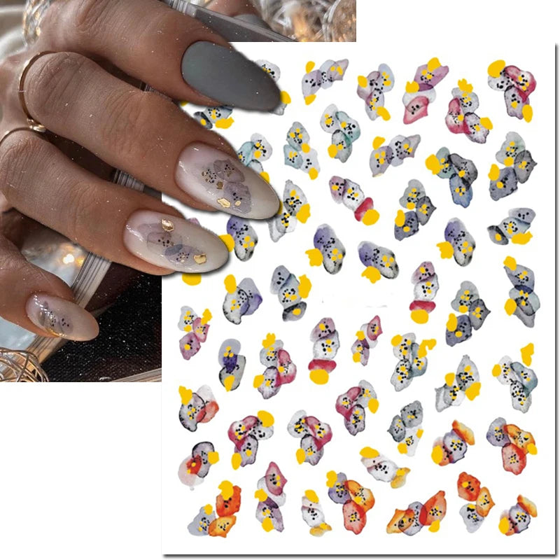 3d Nail Art Decals Watercolor Florals Purple Green Pink Flowers Leafs Fruit Adhesive Sliders Nail Stickers For Manicure