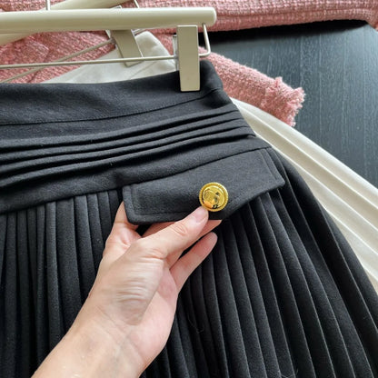 New Fashion Korean Elegant Pleated Mini Skirts Women Vintage Buttons Woolen Solid A-line High Waist Short Skirt Autumn Spring 