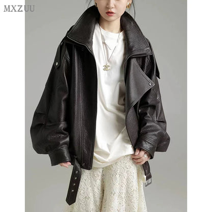 New Outerwear Leather Jacket Women American Retro Top Sheepskin Bubble Leather Double Lapel Loose Profile Coffee Locomotive Coat