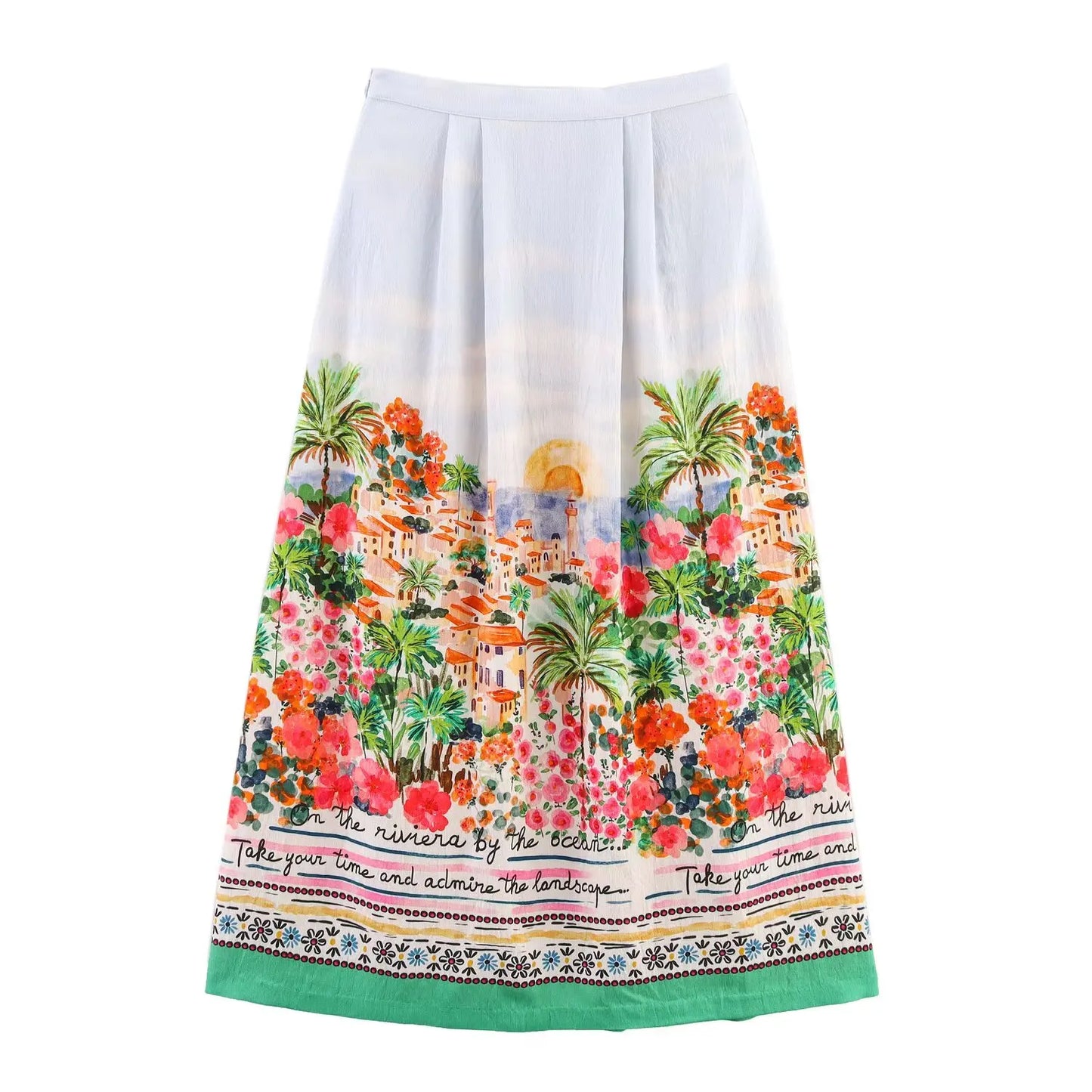 TFAFXY 2025 Summer Printed Pleated Long Skirts For Women Ruffled Elegant Women's Skirts High Waist Casual Loose Midi Skirt