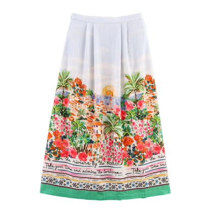 TFAFXY 2025 Summer Printed Pleated Long Skirts For Women Ruffled Elegant Women's Skirts High Waist Casual Loose Midi Skirt