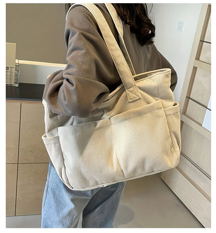 Large Capacity Women's Corduroy Tote Bag Casual Striped Shoulder Bag with Fixed Straps Zipper Handbag for Daily Commuting