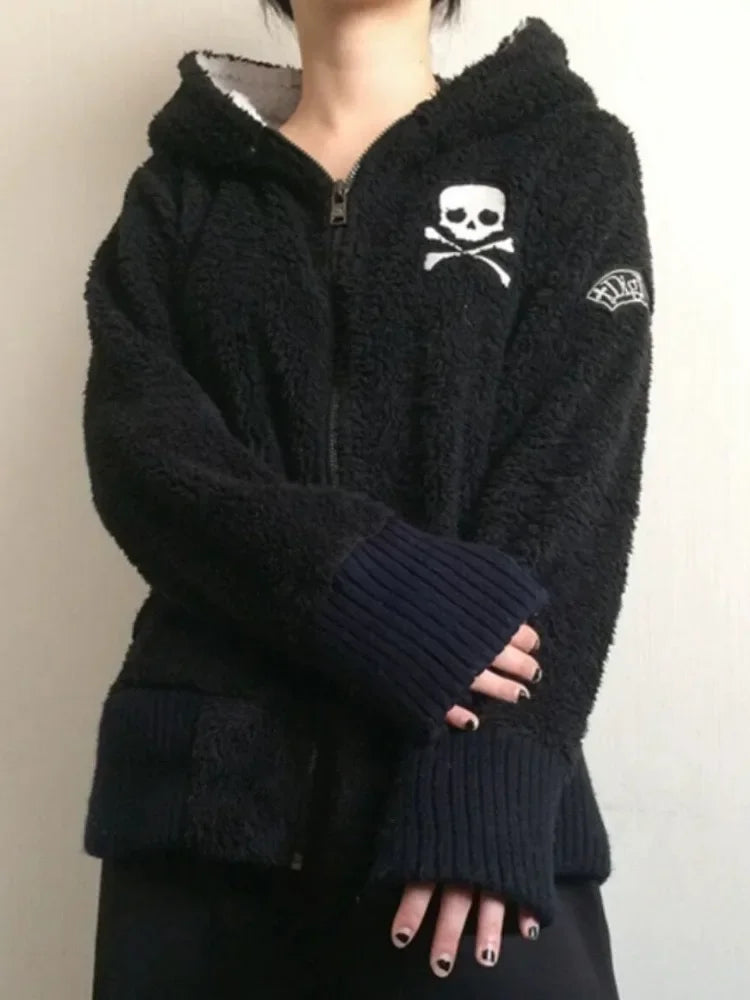 2025 Winter Y2k Lamb Wool Jackets Gothic Hoodies Women Vintage Casual Long Sleeve Hooded Coat Harajuku Skull Zipper Sweatshirts
