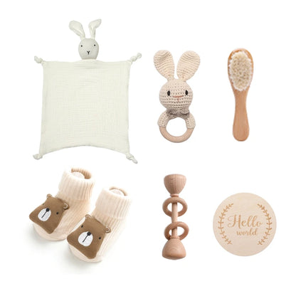 Newborn Baby Bath Set with Double Sided Cotton Blanket Face Saliva Towel Crochet Rattle Toy Wool Brush,Gift Box for Baby Shower