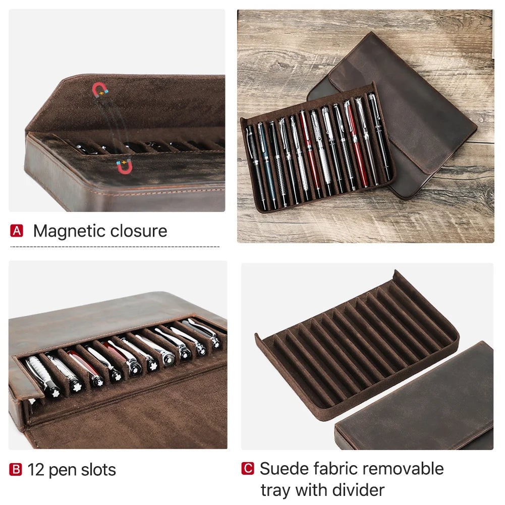 Luxury Genuine Leather 12 Slots Fountain Pen Case Box Office School Stationery Pen Storage Pouch Holder with Removable Pen Tray