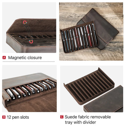 Luxury Genuine Leather 12 Slots Fountain Pen Case Box Office School Stationery Pen Storage Pouch Holder with Removable Pen Tray