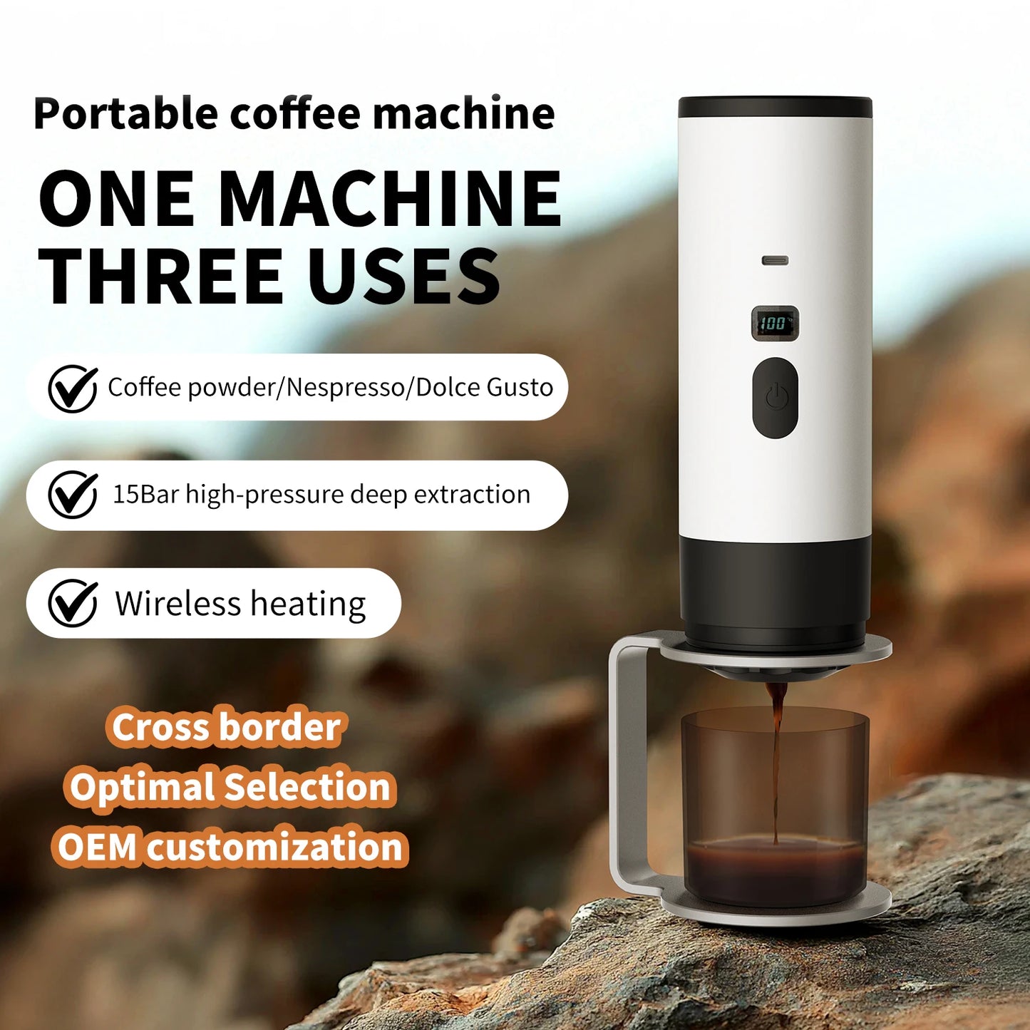 Portable Coffee Machine Wireless 3-in-1 for Ground/Nespresso/DolceGusto Capsule 15Bar 7800mAh Digital Display Travel Camping