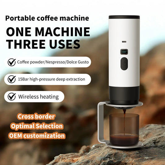 Nešiojamas kavos aparatas, belaidis, 3-in-1, maltos kavos/Nespresso/DolceGusto kapsulėms, 15 barų, 7800 mAh, skaitmeninis ekranas, kelionėms ir stovyklavimui