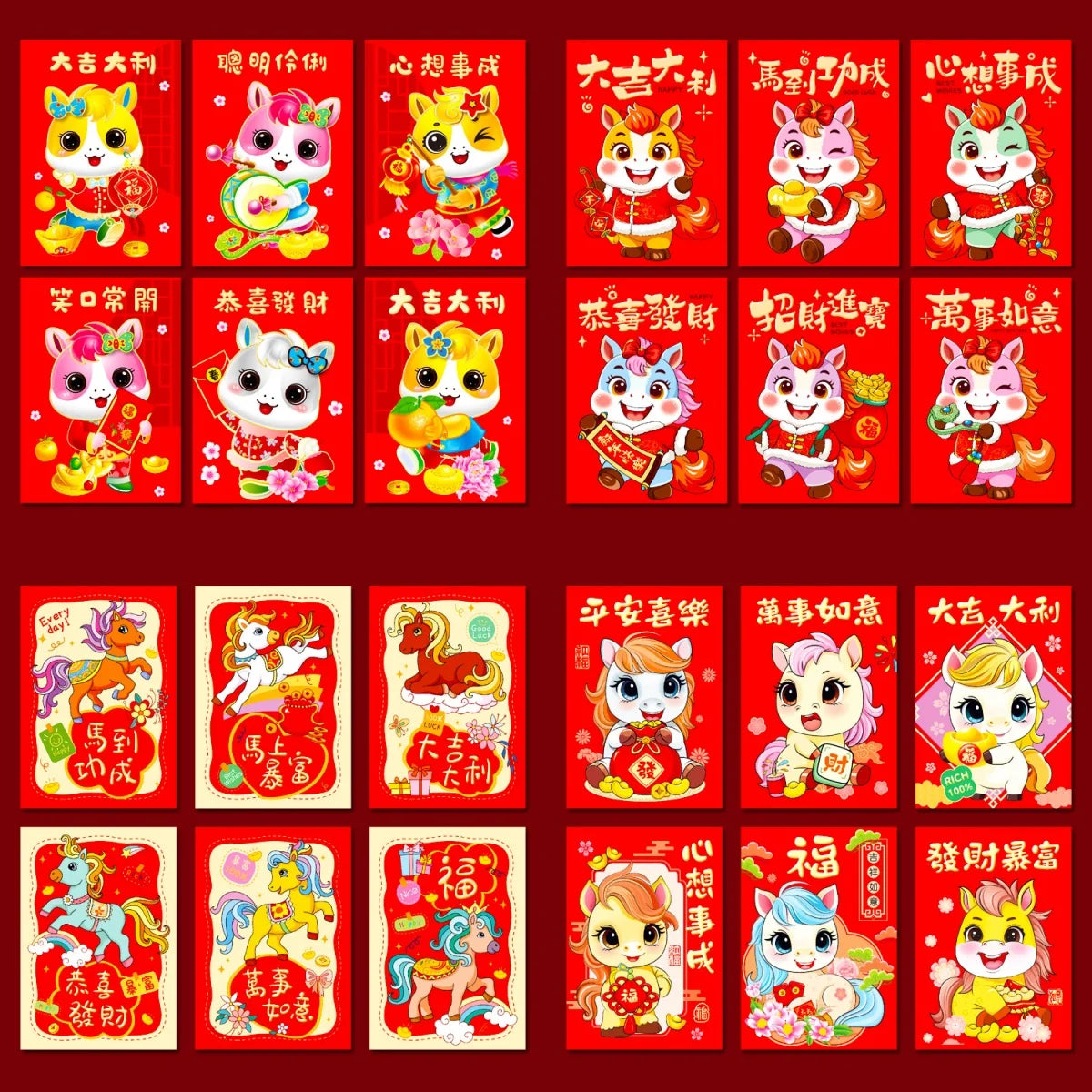 6Pcs 2026 Year Horse Zodiac Red Cash Envelopes, Chinese New Year Red Packets, Lucky Money Gift Bag