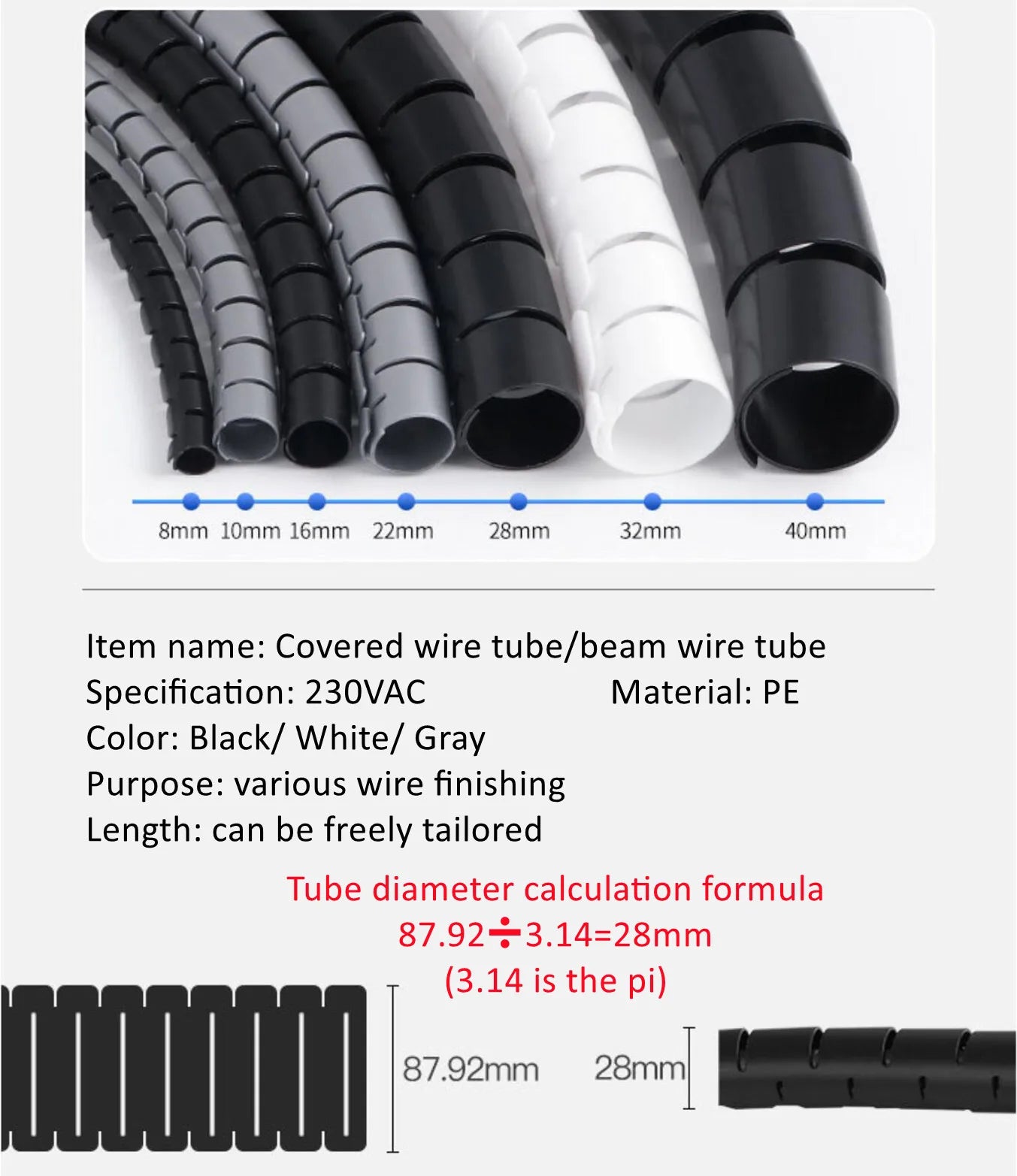 1/3/5/10 Meter 8/12/16/22/28/32/42mm Line Flexible Spiral Cable Organizer Storage Pipe Cord Protector Management Cable PE Tube