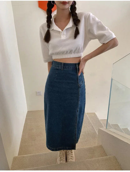 Korean Style Slim Bodycon Blue Skirts For Women 2026 Spring Summer New High Waist Split Denim Midi Skirt