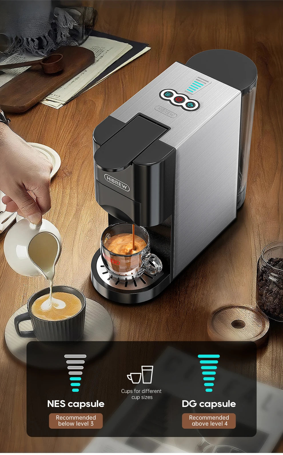 HiBREW Coffee Machine 4in1 Multiple Capsule Espresso Dolce Milk Nes ESE Pod Powder Coffee Maker Stainless Metal H3D