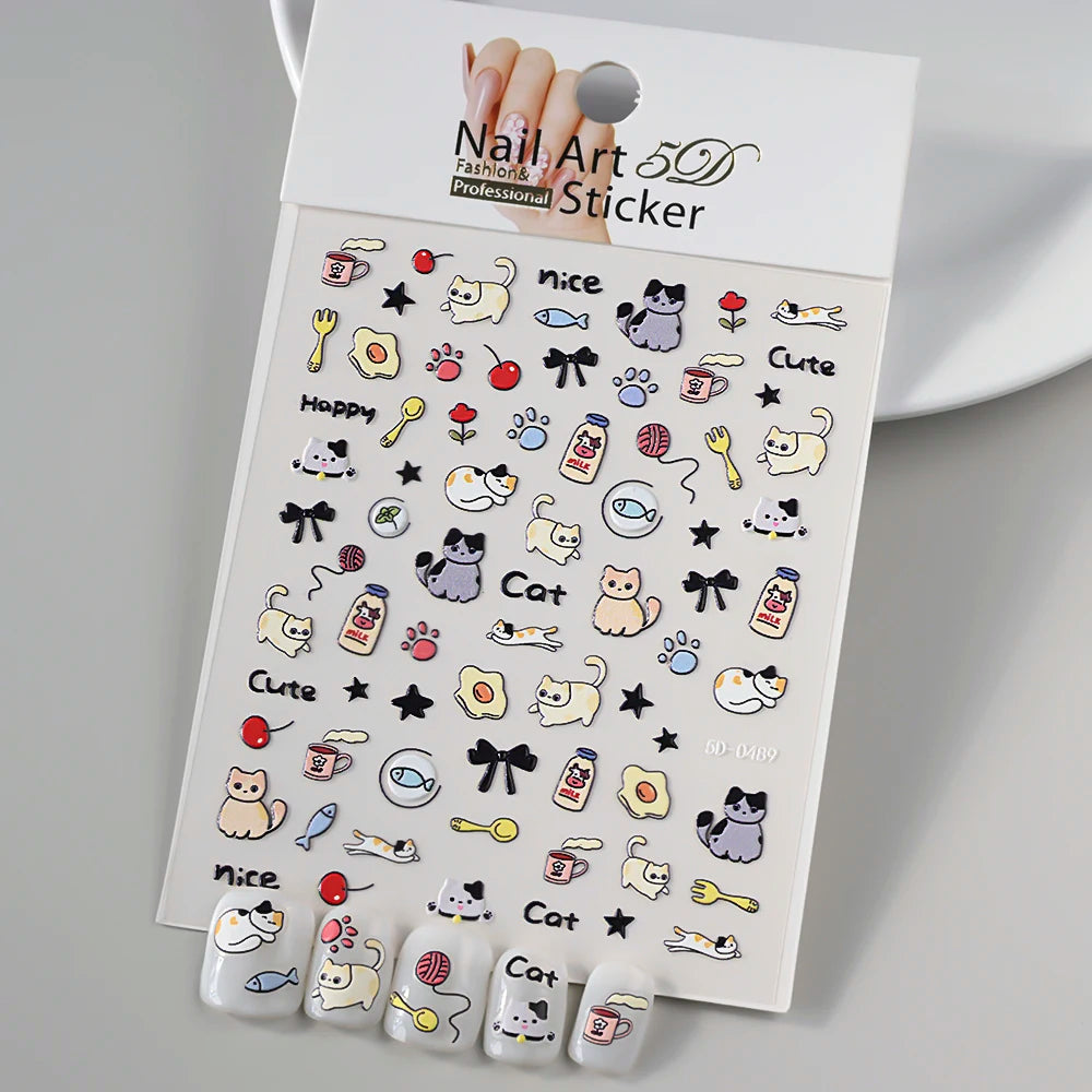 1PC 5D Macaron Flower/Fruit Nail Charms Sticker Embossed Bear/Rabbit/Letter Nails Slider Decals Summer Adhesive Manicure Decor&Y