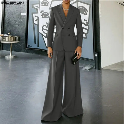 INCERUN Men Sets Solid Color Double Breasted Long Sleeve Blazer & Pants Two Pieces Sets Streetwear Fashion Casual Men's Suits