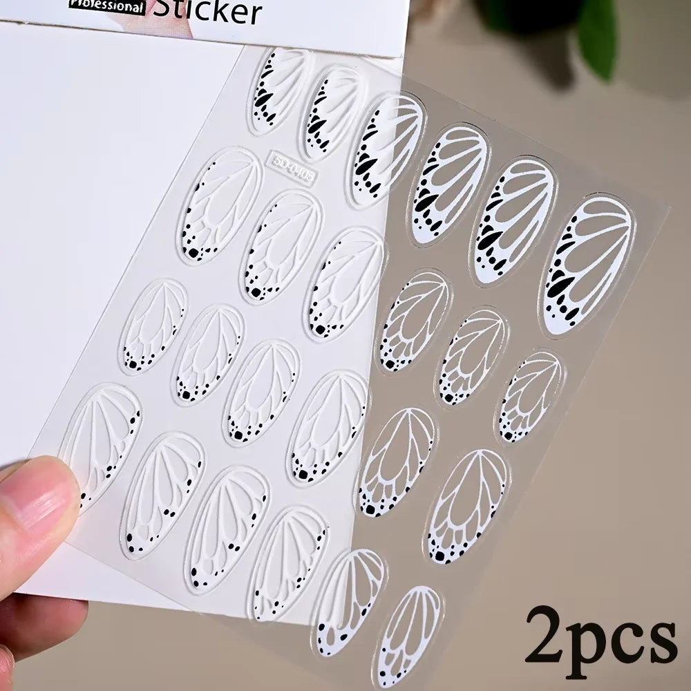 2Sheets French Gradient Line Nail Art Stickers 3D Self-Adhesive White+Black Slider Design Stencil Manicure Guides DIY Nail Decor