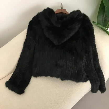 2024 Short Rabbit Fur Coat for Women Autumn Winter New Encrypted Thickened Handmade Double-sided Woven Hooded Korean Style