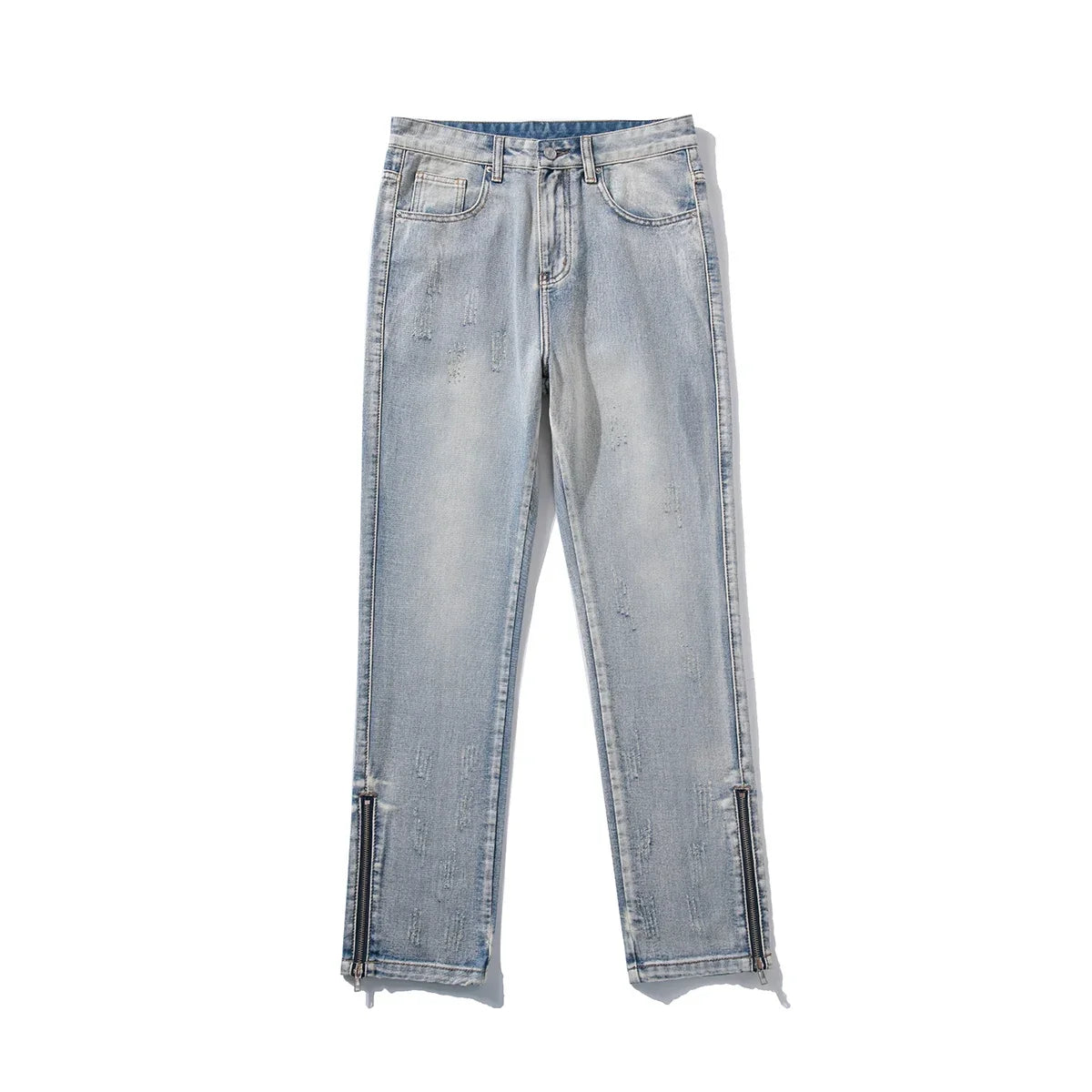 2024 Spring Autumn Korean Men Fashionable Retro Street Jeans Zip Design on Trouser Legs Straight-leg Denim Pants Men's Clothing