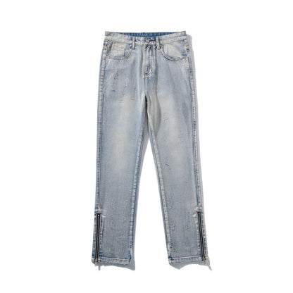2024 Spring Autumn Korean Men Fashionable Retro Street Jeans Zip Design on Trouser Legs Straight-leg Denim Pants Men's Clothing