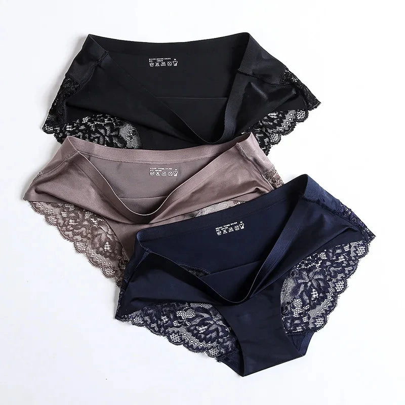 3pcs Lace Women's Panties French Seamless Underwear Female Ice Silk Briefs Solid Color Breathable Underpants Lingerie