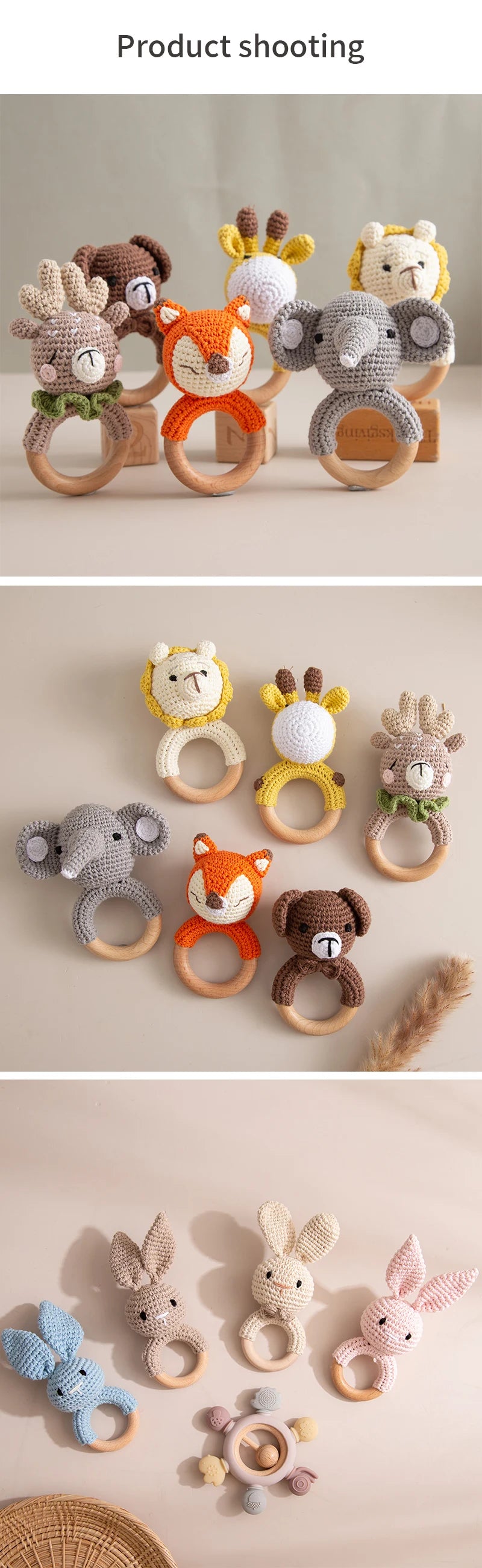 1pc Baby Teether Music Rattles for Kids Animal Crochet Rattle Elephant Giraffe Ring Wooden Babies Gym Montessori Children's Toys