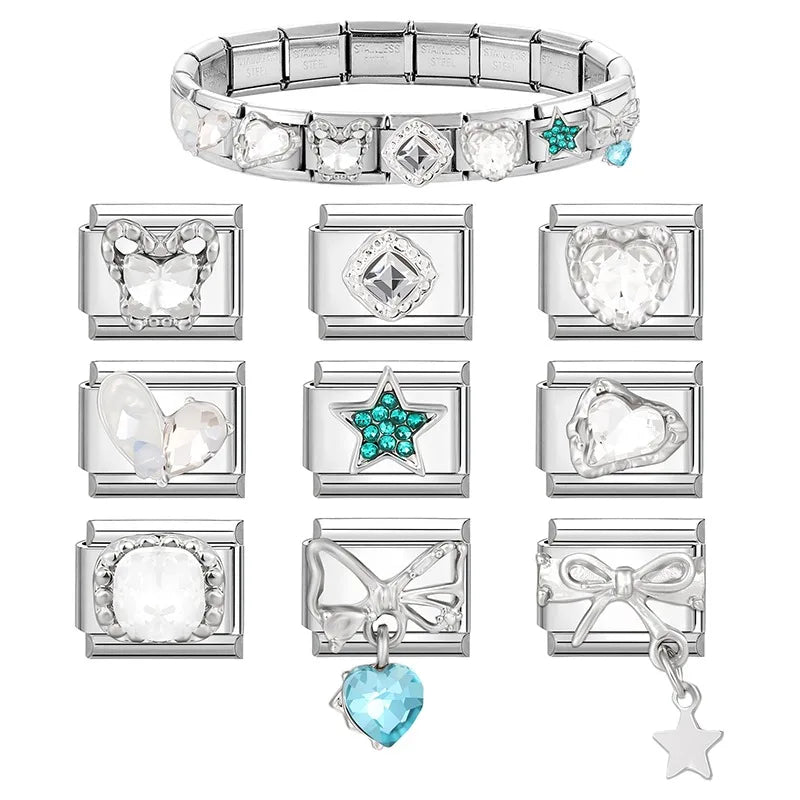 Shiny Zircon Stars Heart Bow Knot Butterfly Italian Charm Links Fit 9mm Stainless Steel Bracelet Women Jewelry DIY Making Gifts