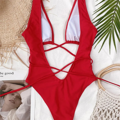 Orangered Leopard Bikini Hollow Out Bandage Y2K Swimsuit Backless High Leg Cut Swimwear Women Beach Outfit Bathing Suit Bodysuit