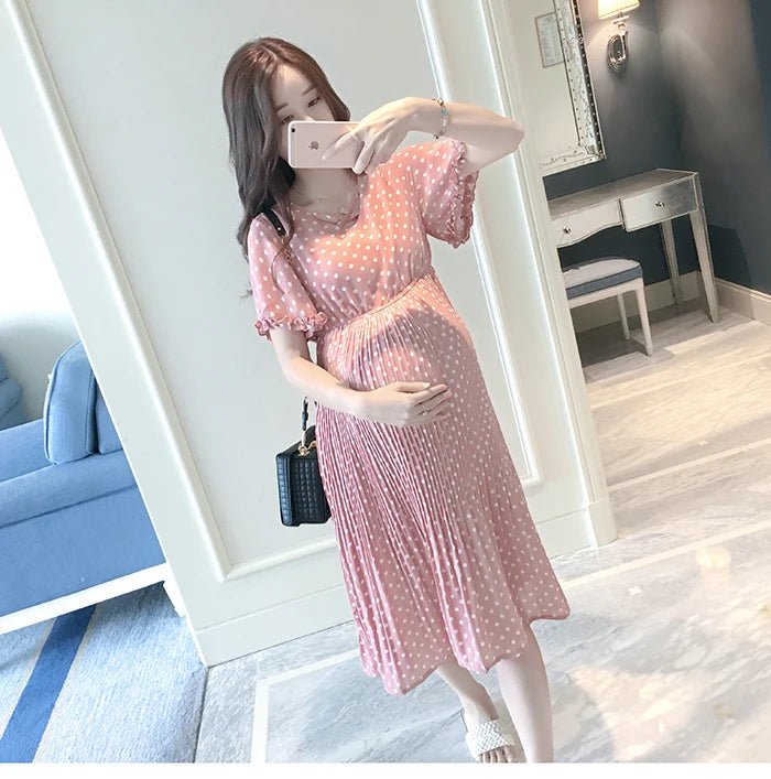 Summer Maternity Dress for Pregnant Women Petal Collar Bubble Sleeve High Waist Peter Pan Casual Temperament Gown