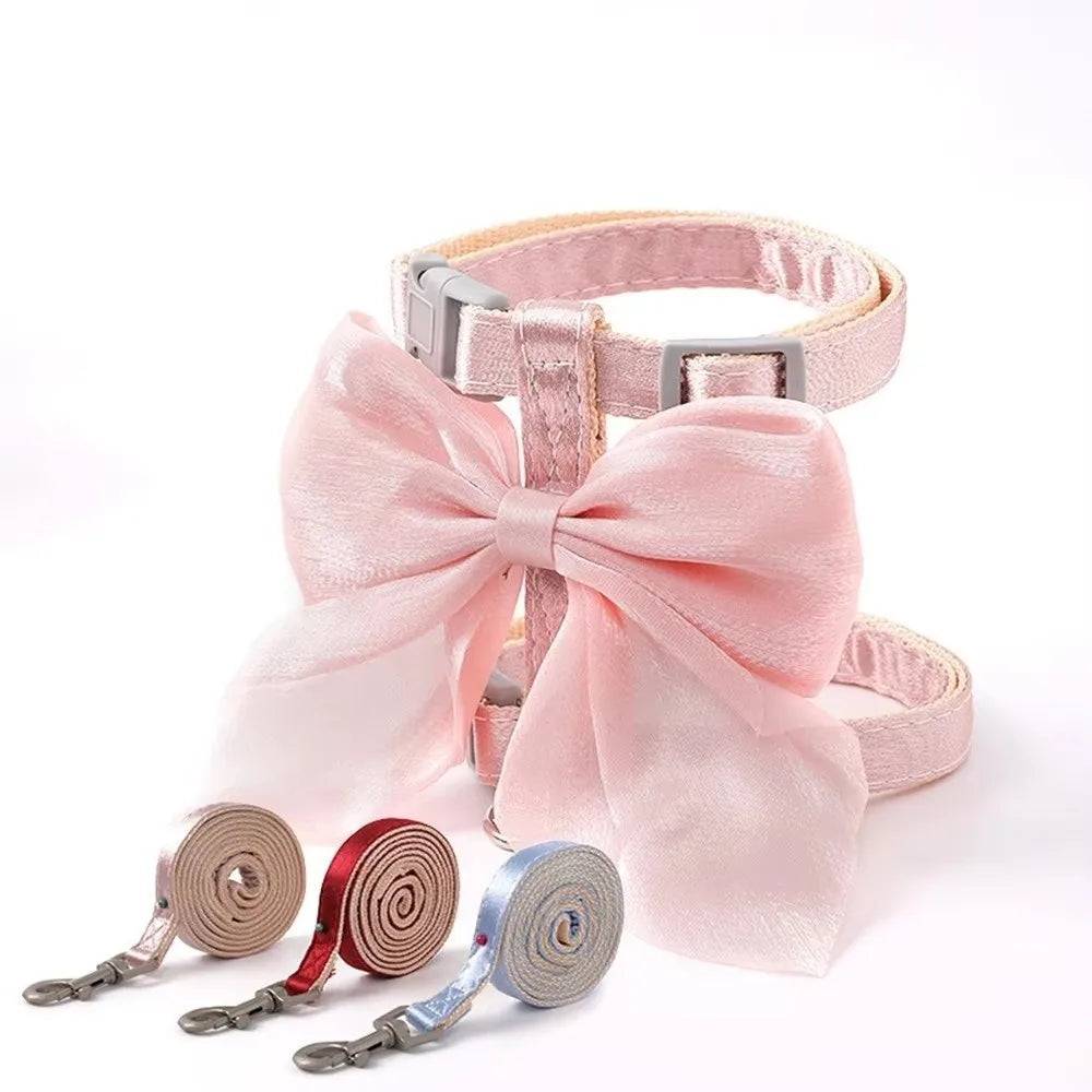 Cute Adjustable Bowknot Cat Harness Leash Escape Proof Shiny Bowknot Pet Harness Traction Rope Pet Decoration