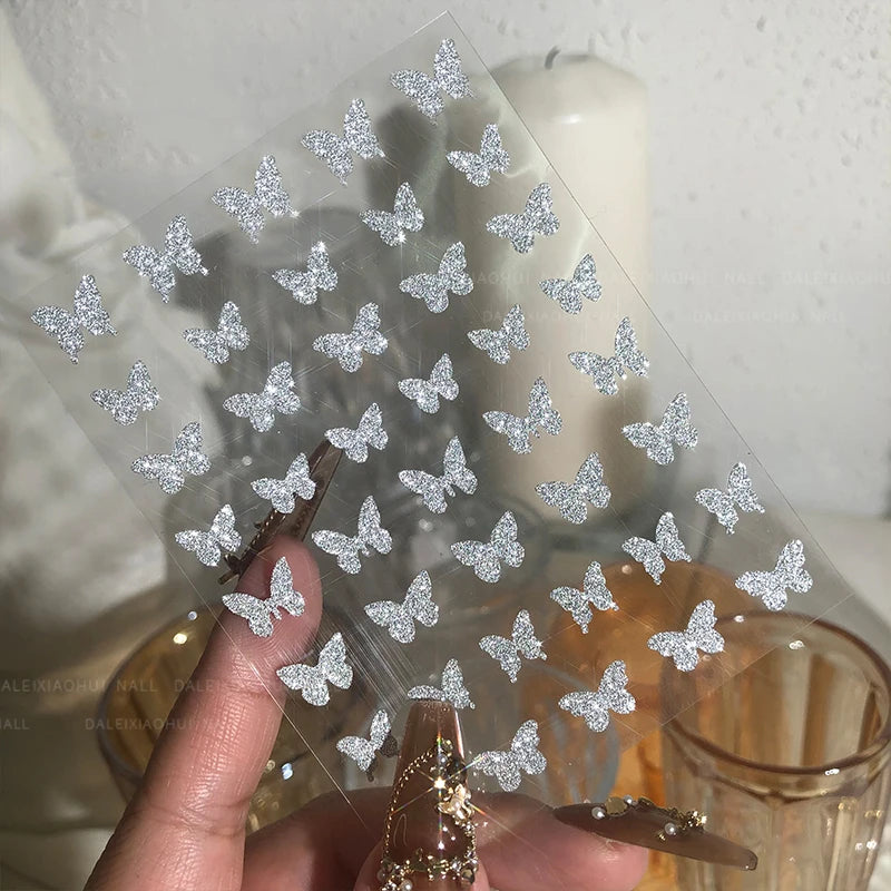 1PCS Laser Starburst Star Adhesive Nail Sticker 3D Nail Art Decoration Flashing Silver Flame Butterfly Nail Decal Press on Nails