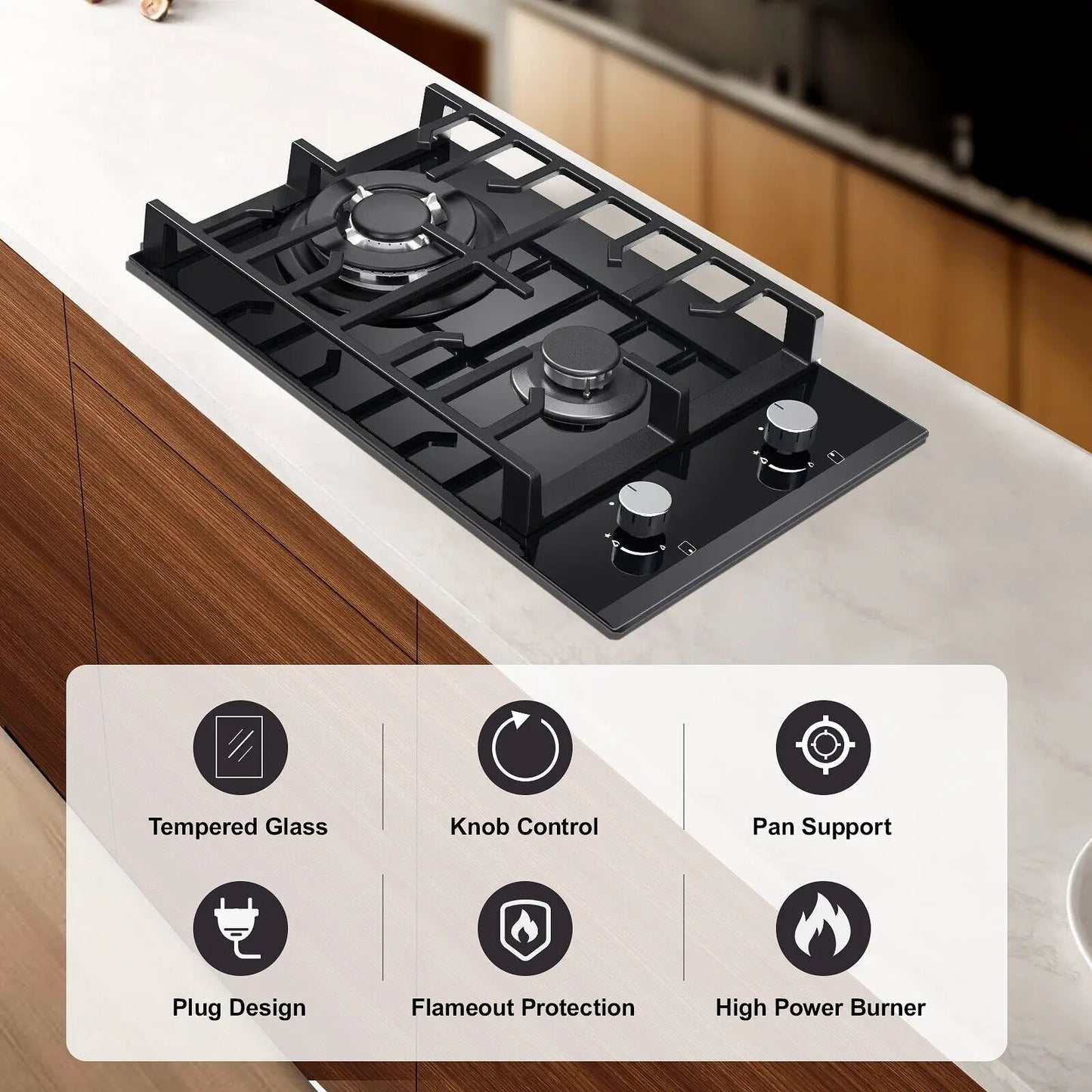 TopStrong 2 Burners 30cm Kitchen Built in Tempered Glass NG/LPG Dual Fuel Gas Hob UKGCT-B02
