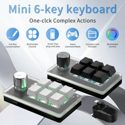 6 Keys 1 Knob RGB Programming Macro Gaming Knob Keypads Mini Custom Programming Keyboard USB Mechanical Keyboard for Photoshop