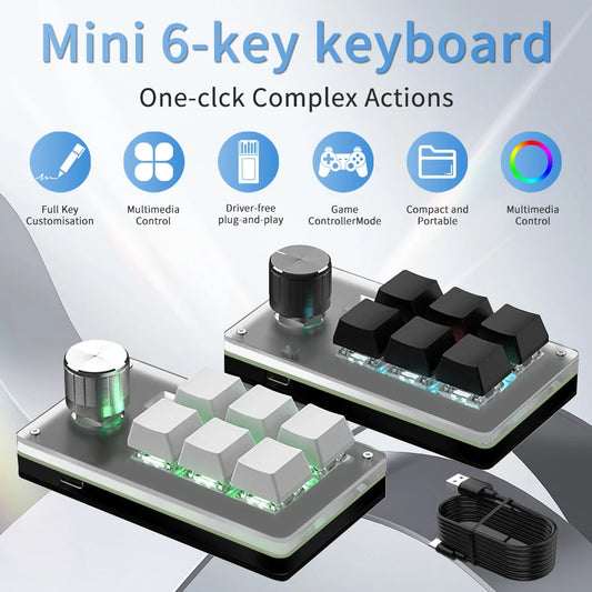 6 Keys 1 Knob RGB Programming Macro Gaming Knob Keypads Mini Custom Programming Keyboard USB Mechanical Keyboard for Photoshop