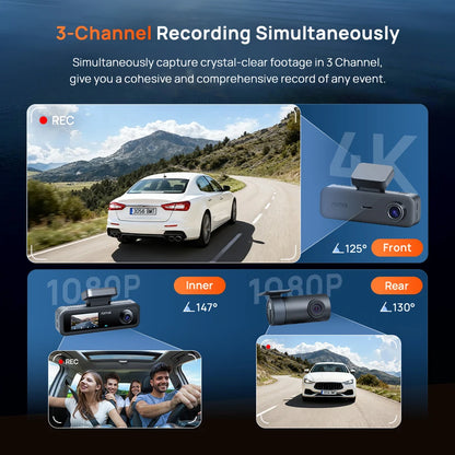 70Mai T800E 3-Channel Dash Cam Front 4K + Rear 1080P + Interior 1080P Hdr Supercapacitor 24H Parking Gps Voice Control Wi-Fi6
