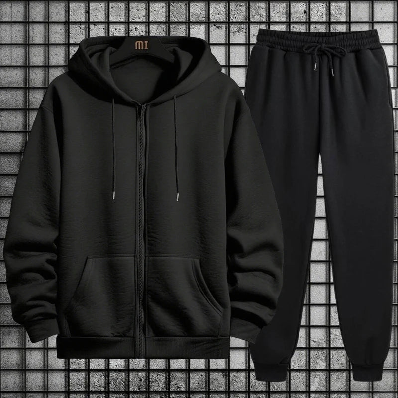 2026 New Arrival Men's Zipper Hoodie Sweatpants 2 Piece Set High Quality Hooded Long Sleeve Sweatshirt Autumn Winter Tracksuit