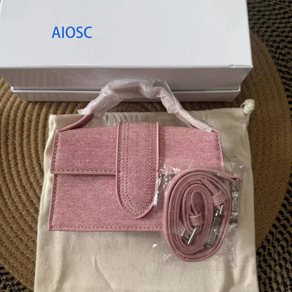Women Denim Textured Mini Baguette Bag Thin Short Top Handle Detachable Adjustable Crossbody Strap Flap Purse