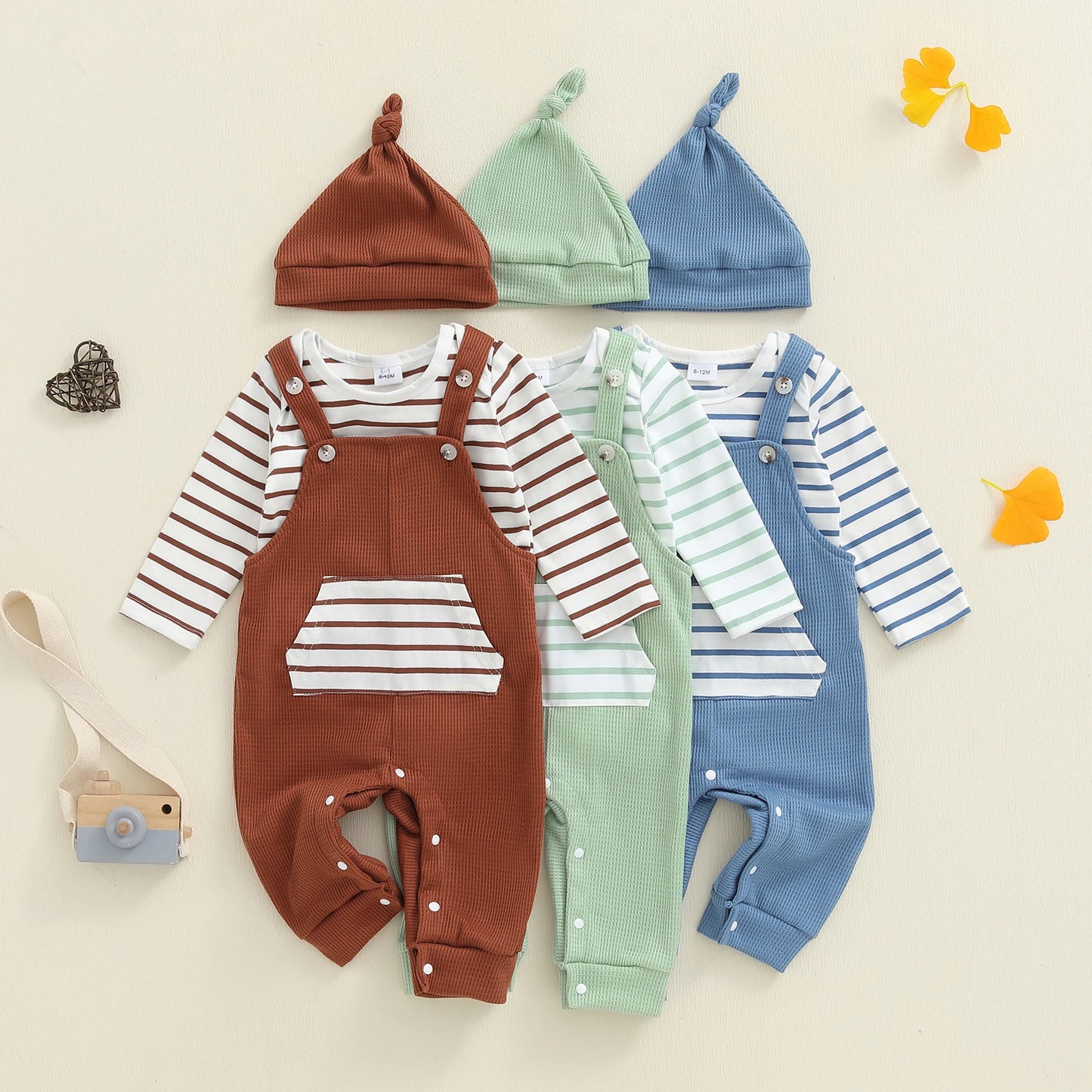 Newborn Baby Boy Fall Winter Clothes Striped Long Sleeve Romper Overall Pants Hat 3Pcs Set Cute Coming Home Outfit