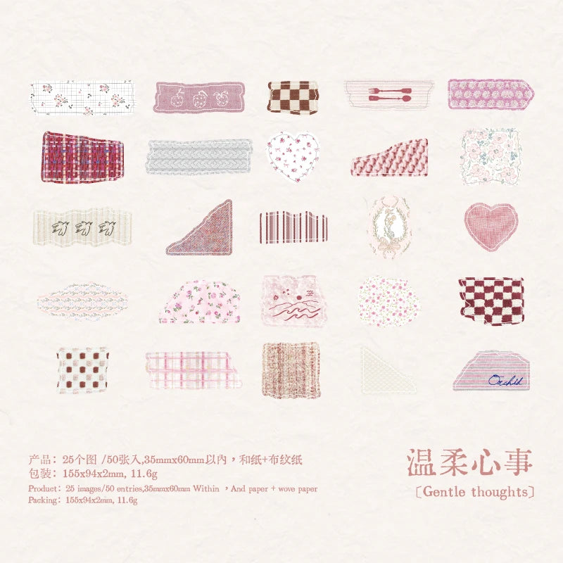 Journal GO 50pcs Dual Material Cloth Fabric Textured Stickers for Photo Frame Collage Junk Journal Scrapbooking diy Material