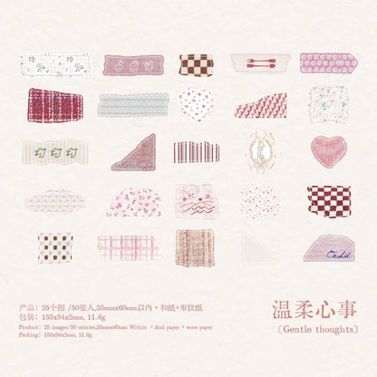 Journal GO 50pcs Dual Material Cloth Fabric Textured Stickers for Photo Frame Collage Junk Journal Scrapbooking diy Material