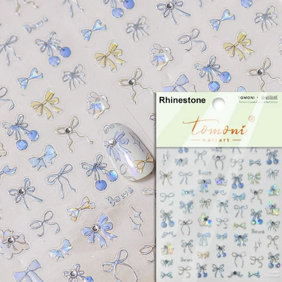 5D Cute Rabbit Love Heart Peach Blossom Flower Yellow Nail Art Stickers Bowknot DIY Self Adhesive Rhinestone Manicure Decals