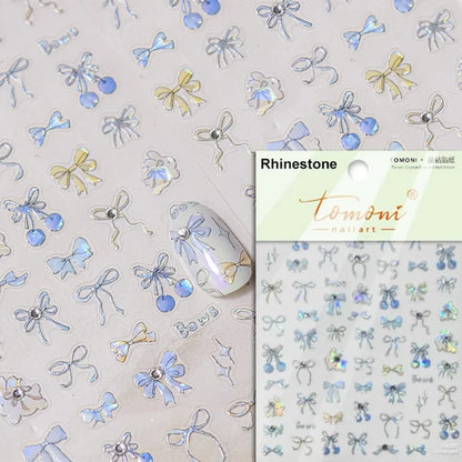 5D Cute Rabbit Love Heart Peach Blossom Flower Yellow Nail Art Stickers Bowknot DIY Self Adhesive Rhinestone Manicure Decals